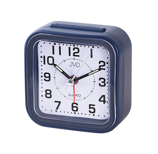 Réveil JVD compact avec boîtier bleu, cadran et aiguilles analogiques