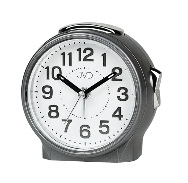 Réveil analogique JVD avec cadran blanc et aiguilles noires, boîtier gris.