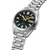 Bracelet de montre pour homme, vu de côté : bracelet en acier inoxydable argenté, cadran vert foncé, guichet date