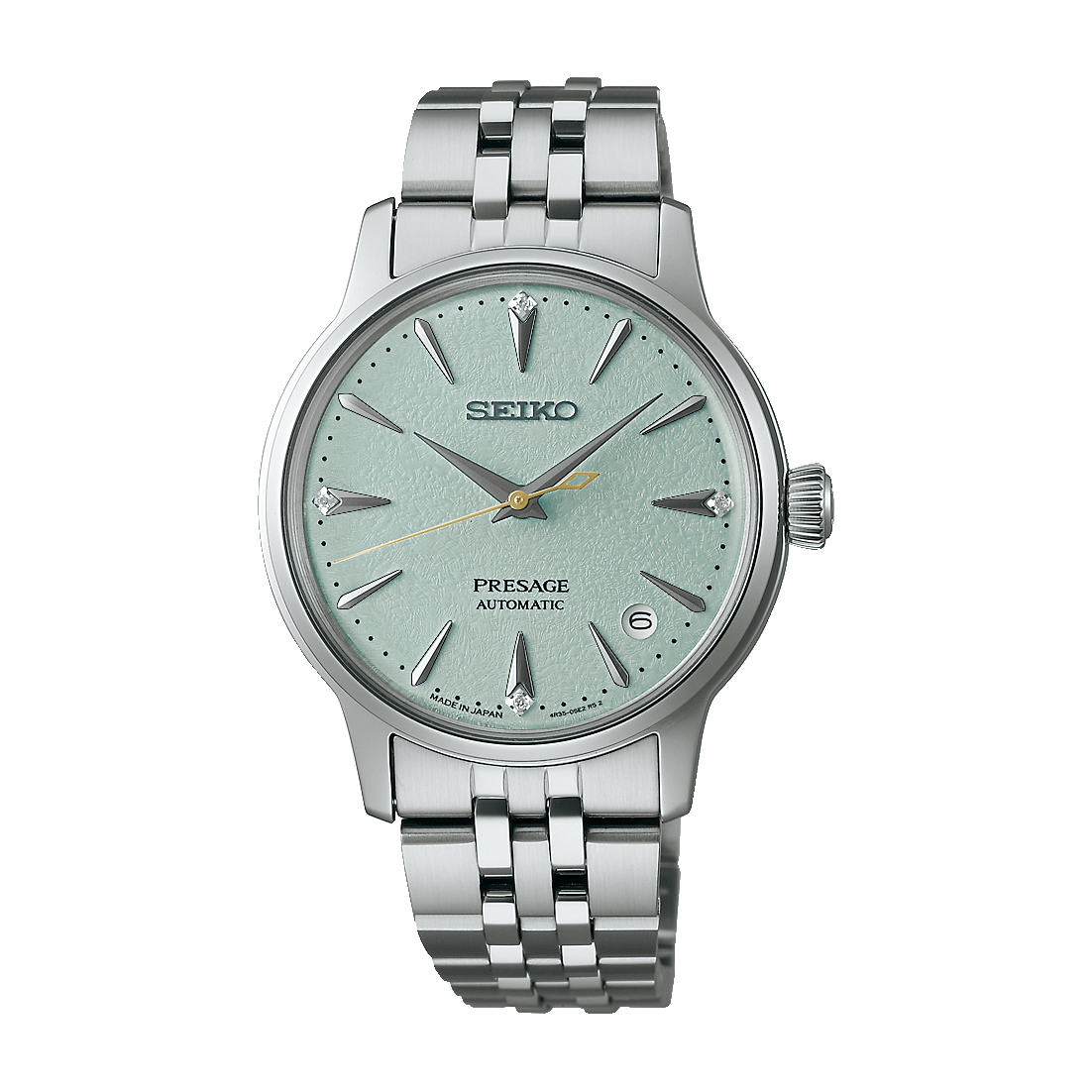Seiko Damenuhr mit Edelstahlband, hellgrünem Zifferblatt, Strichindizes und Automatik