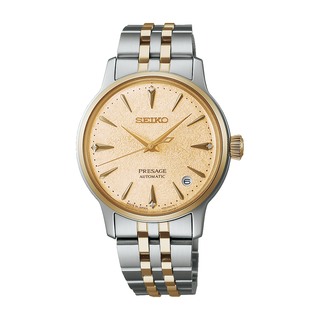 SEIKO Presage Automatik-Armbanduhr mit goldfarbenem Zifferblatt und Edelstahlband