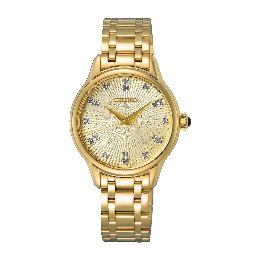 Damenuhr mit goldenem Metallband, rundem Zifferblatt mit Diamantmarkern