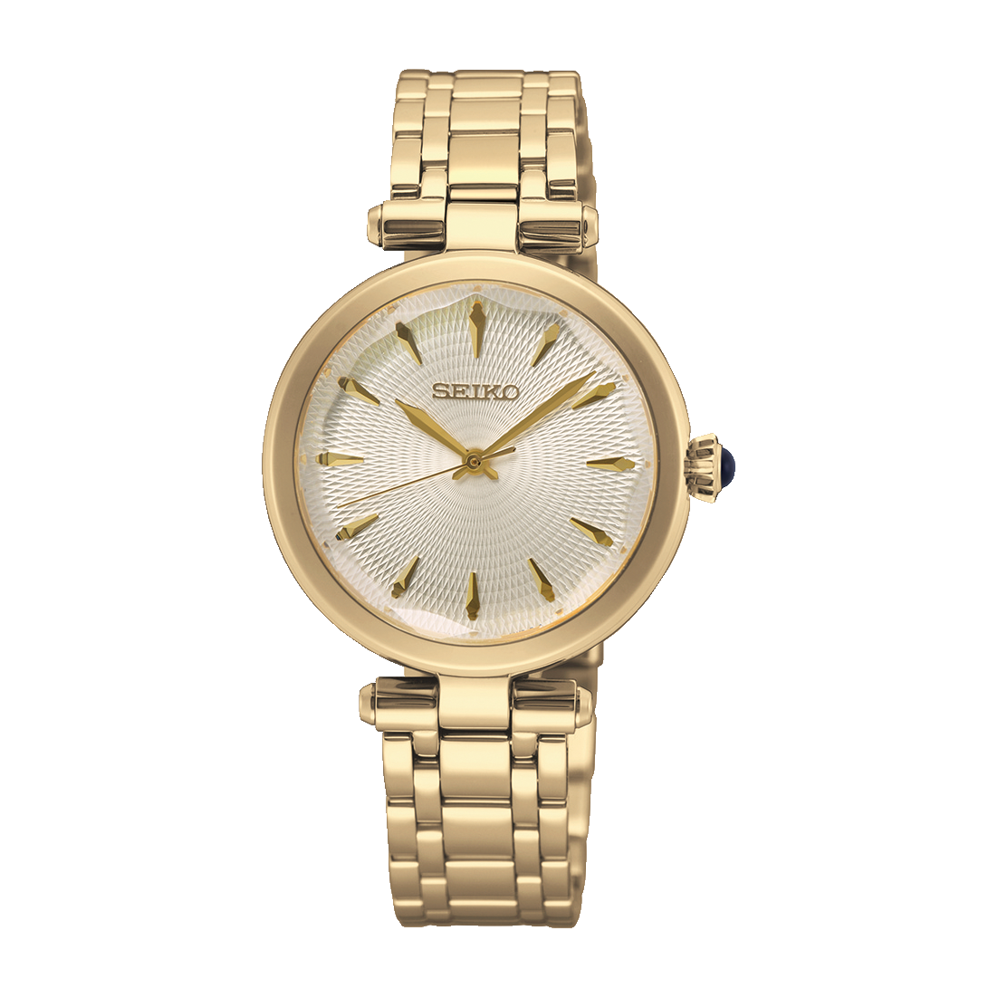 Damen-Armbanduhr mit goldfarbenem Edelstahlband und rundem Zifferblatt, weiß mit SEIKO-Logo.