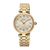 Damen-Armbanduhr mit goldfarbenem Edelstahlband und rundem Zifferblatt, weiß mit SEIKO-Logo.