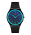 Swatch Armbanduhr mit schwarzem Band und blauem Zifferblatt