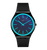 Swatch Armbanduhr, schwarzes Band, blaues Zifferblatt mit auffälligen Zeigern