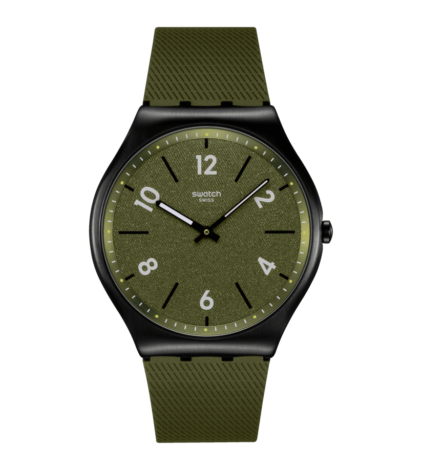 Swatch Damenarmbanduhr mit dunkelgrünem Zifferblatt und olivgrünem Silikonarmband