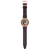 Armbanduhr mit violettem Silikonband und roségoldfarbener Lünette, rundes Skelettzifferblatt.