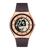 Armbanduhr mit Roségoldfarbenem Gehäuse, offenem Uhrwerk und dunkelviolettem Silikonarmband.