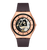 Armbanduhr mit Roségoldfarbenem Gehäuse, schwarzem Rahmen und offenem Uhrwerk, dunkelviolettes Band.