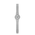 Schlanke Armbanduhr mit silbernem Mesh-Armband und rundem grauem Zifferblatt