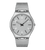 Analoge Armbanduhr mit silbernem Mesh-Armband und grauem Zifferblatt, schwarze Zeiger