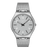 Analoge Armbanduhr mit silbernem Mesh-Armband und grauem Zifferblatt, schwarze Indexe