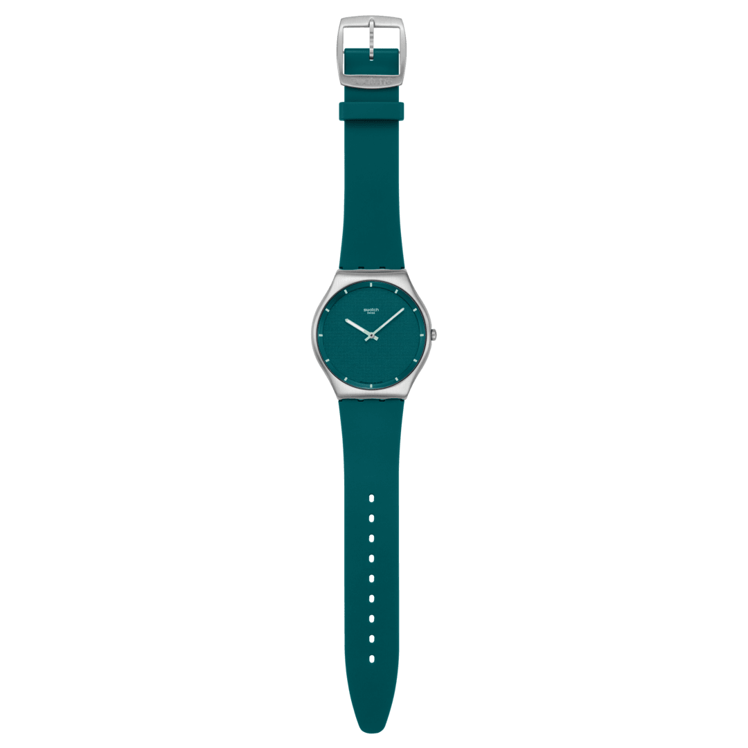 Armbanduhr mit dunkelgrünem Zifferblatt und breitem grünem Silikonband, rundes Edelstahlgehäuse