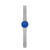 Herrenarmbanduhr, frontal: blaues Zifferblatt, schmaler silberner Gehäuse und Meshmetallband