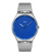 Frontansicht: Herrenarmbanduhr mit blauem Zifferblatt und silbernem Metall-Meshband