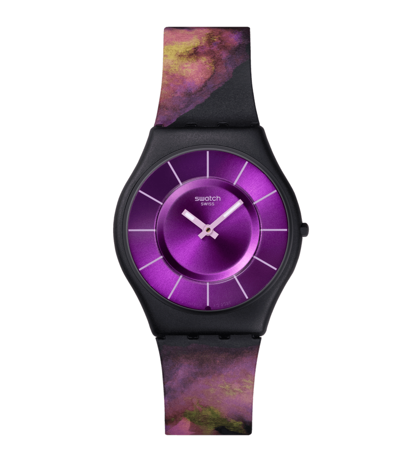 Swatch Damenuhr mit violettem Zifferblatt und schwarzem Armband mit Muster