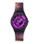 Swatch Damenuhr mit violettem Zifferblatt und schwarzem Armband mit Muster