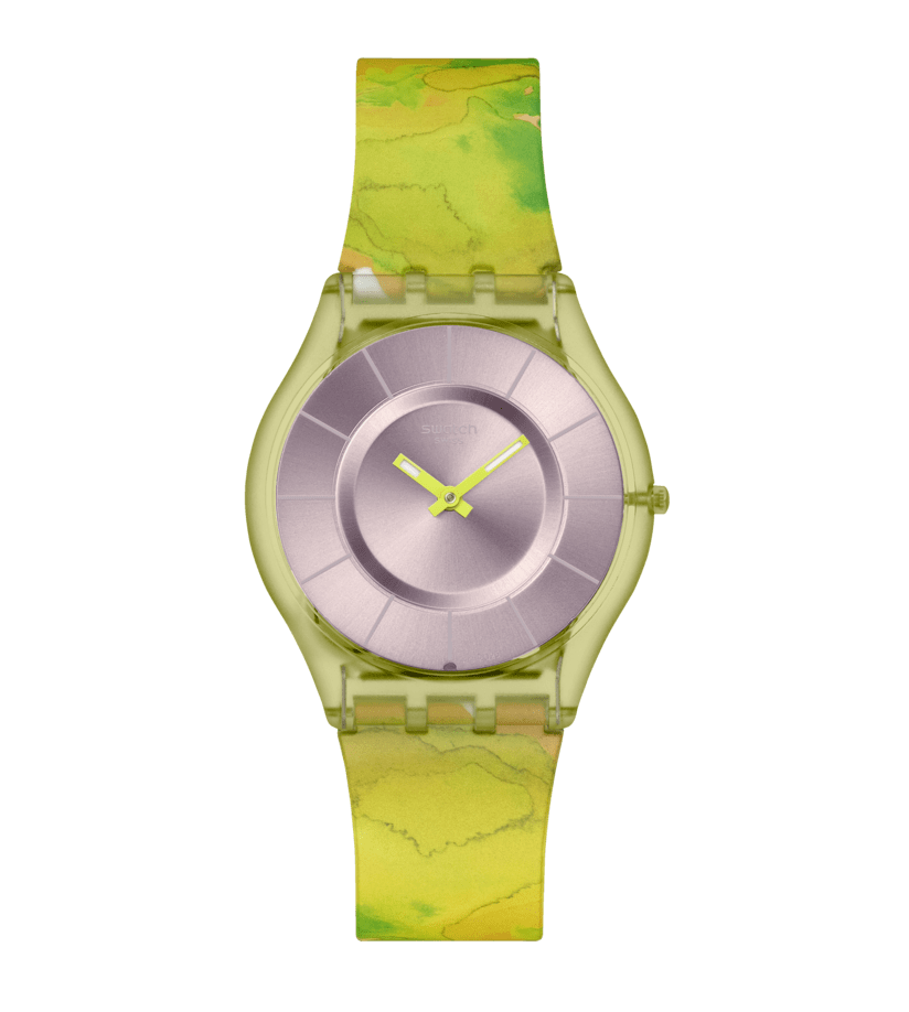 Damen-Armbanduhr mit transparentem grün-gelbem Kunststoffband und rundem Zifferblatt