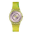 Damenarmbanduhr mit gelbgrün transparentem Armband und rundem lila-grau Zifferblatt