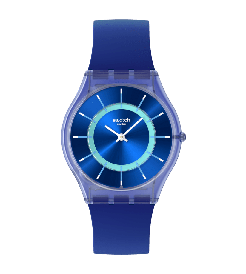 Damen-Armbanduhr mit blauem Zifferblatt und blauem Silikonband, rundes Gehäuse.