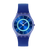 Armbanduhr mit blauem Zifferblatt und blauem Silikonband, rundes transparentes Gehäuse.