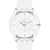Swatch Armbanduhr mit rundem weißem Zifferblatt, Edelstahlring und weißem Band
