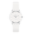 Swatch Damenarmbanduhr mit rundem weißem Zifferblatt und weißem Band