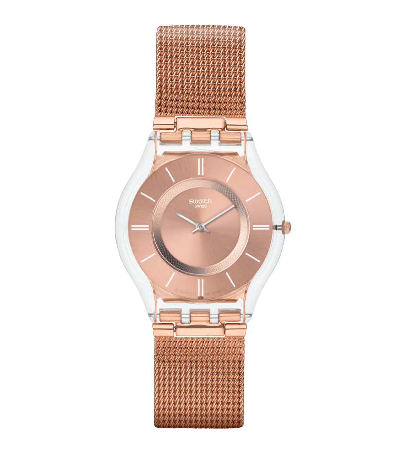 Swatch Damenarmbanduhr mit roséfarbenem Zifferblatt und Edelstahl-Meshband
