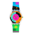 Neon-Armbanduhr mit rundem Zifferblatt und grün-pinkem Silikonarmband