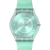 Swatch Damenuhr Pastell-Teal, Detailansicht des runden Zifferblatts mit pinkem Zeiger
