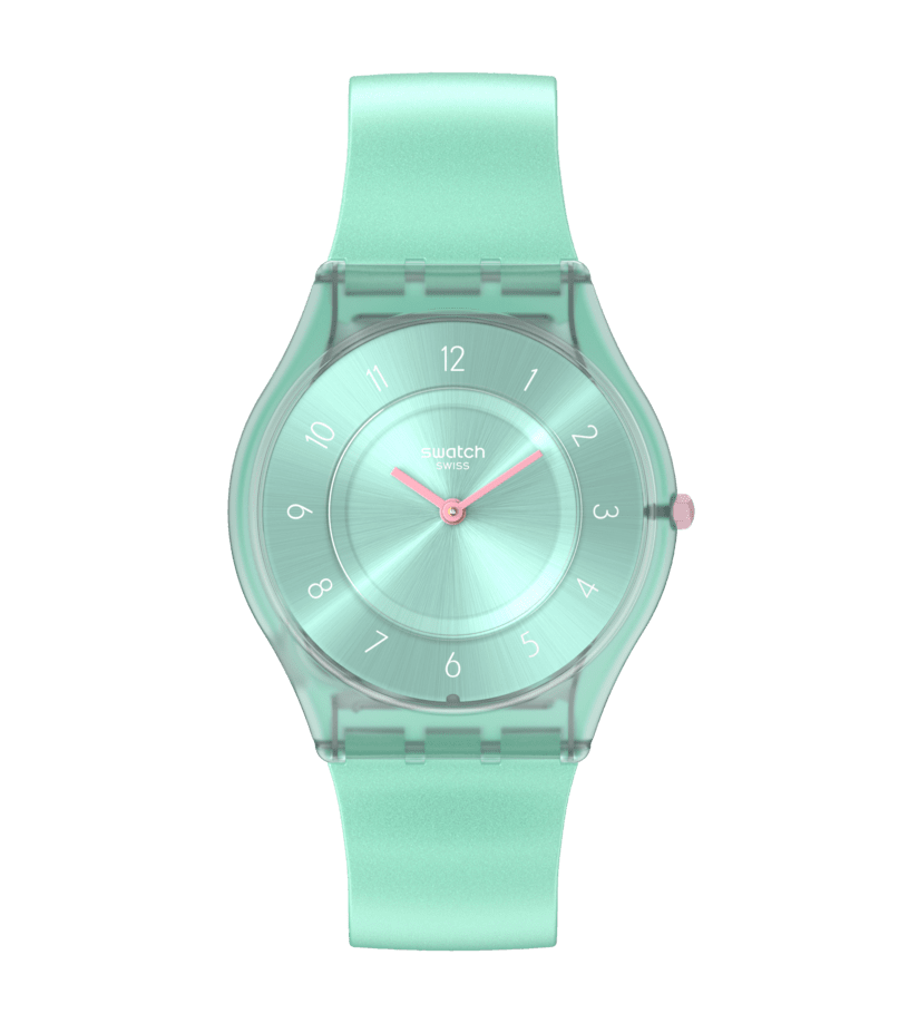 Swatch Damenuhr in Pastell-Teal, ultraflaches Gehäuse, rundes Zifferblatt mit pinkem Zeiger