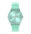 Swatch Damenuhr in Pastell-Teal, ultraflaches Gehäuse, rundes Zifferblatt mit pinkem Zeiger