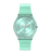 Swatch Damenuhr Pastell-Teal im Frontblick, ultraflaches rundes Zifferblatt mit pinkem Zeiger