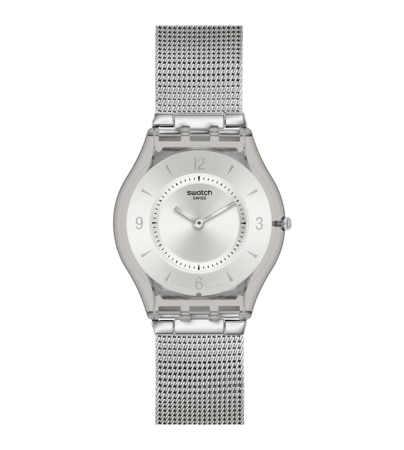 Swatch-Armbanduhr mit silbernem Maschen-Metallarmband und rundem Zifferblatt
