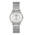 Swatch-Armbanduhr (Seitenansicht) mit silbernem Maschen-Metallarmband