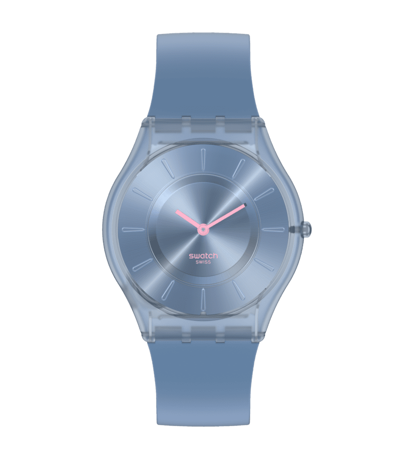 Swatch Armbanduhr mit blauem transparentem Gehäuse und rundem Zifferblatt