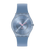 Swatch Armbanduhr mit blauem transparentem Gehäuse und rundem Zifferblatt