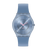 Swatch Armbanduhr mit blauem Armband, transparentem Gehäuse und rosa Zeigern