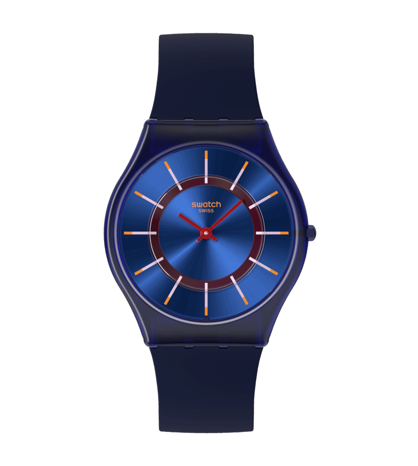 Damenarmbanduhr mit dunkelblauem Armband, rundem Zifferblatt und orangefarbenen Indexen