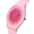 Swatch Damenuhr Rosa mit rundem Farbverlauf-Zifferblatt und blauen Zeigern