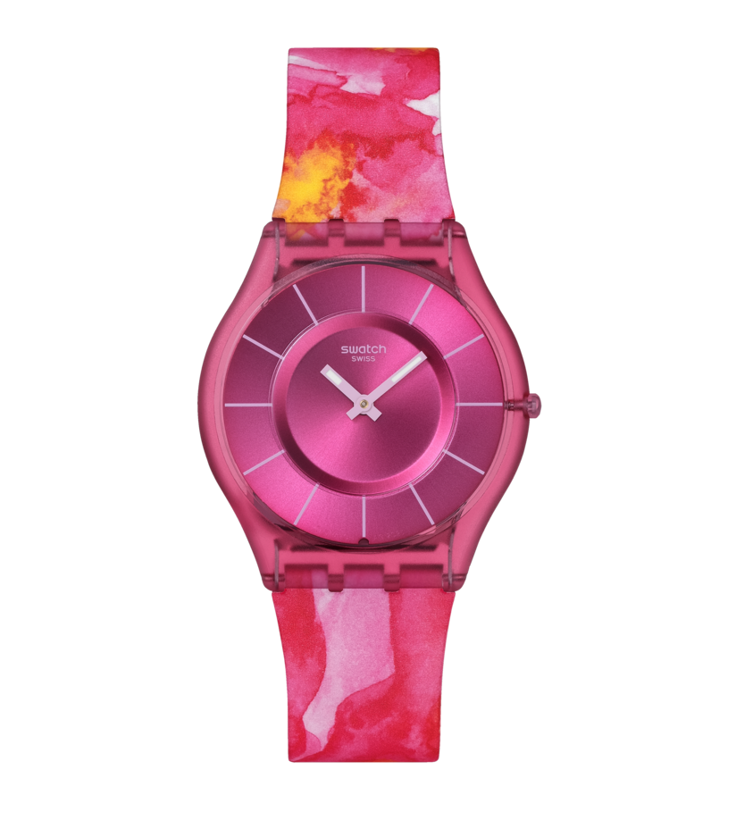 Swatch Damenuhr mit pinkem Armband und Rundzifferblatt mit Zeigern und Indizes