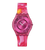 Swatch Damenuhr mit pinkem Armband und Rundzifferblatt mit Zeigern und Indizes