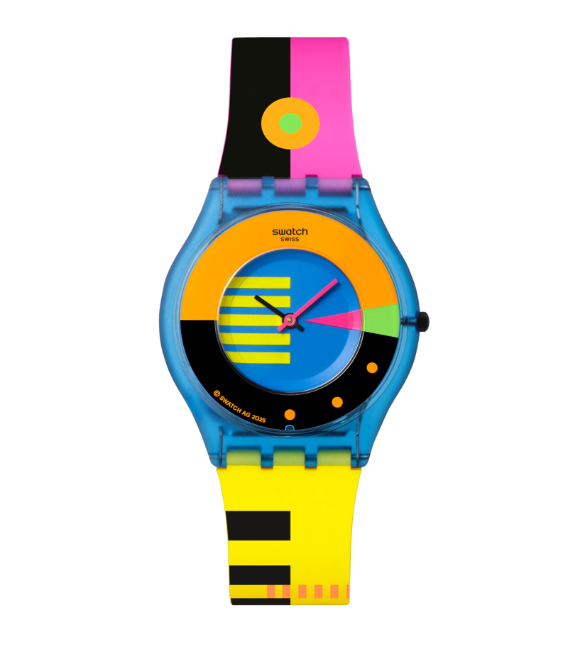 Swatch-Damenuhr mit blauem Armband und neonfarbener Zifferblattgrafik, pinkem Einsatz