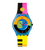 Swatch-Damenuhr mit blauem Armband und neonfarbener Zifferblattgrafik, pinkem Einsatz