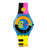 Damenuhr mit blauem Armband, orange-gelber Lünette und mehrfarbigem Zifferblatt