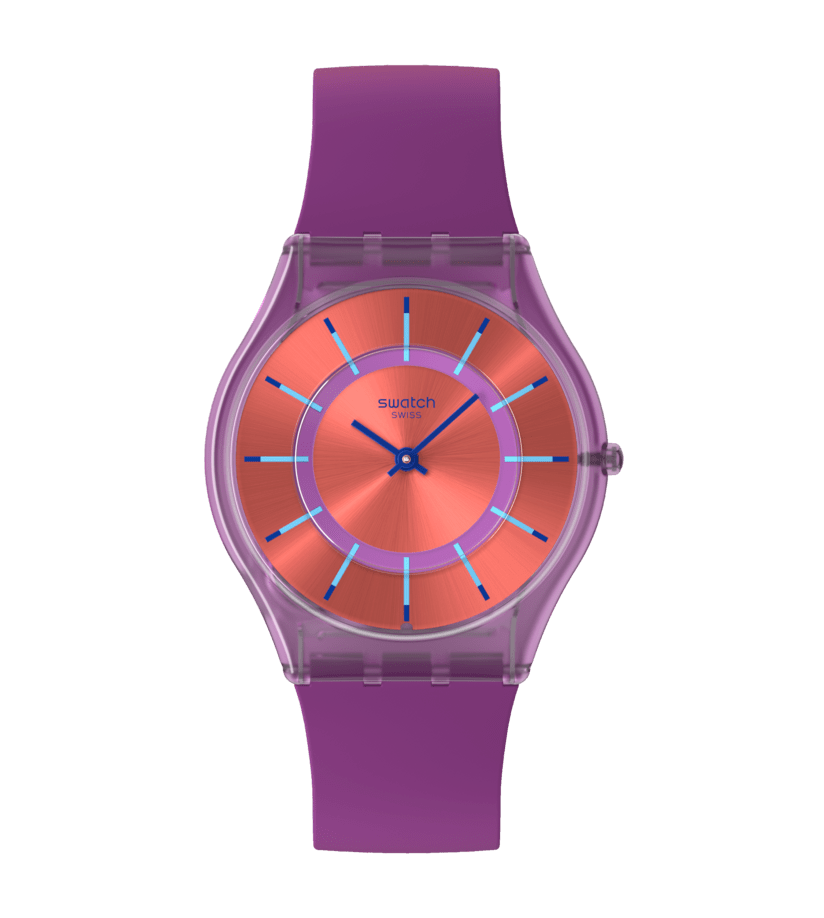 Swatch Damen-Armbanduhr mit lila Silikonarmband und rundem Zifferblatt in Koralle/Blau