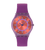 Swatch Damen-Armbanduhr mit lila Silikonarmband und rundem Zifferblatt in Koralle/Blau