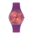 Swatch Armbanduhr mit lila Silikonband, rundem Koralle-Zifferblatt und blauem Ring