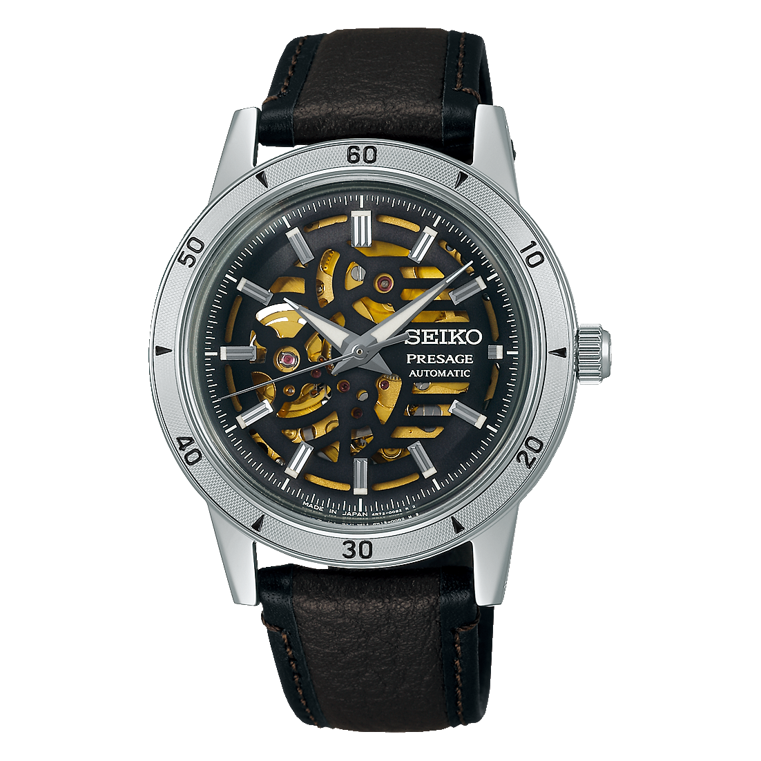 Seiko Presage Herrenuhr mit offenem Automatikwerk, schwarzem Zifferblatt, schwarzem Lederband